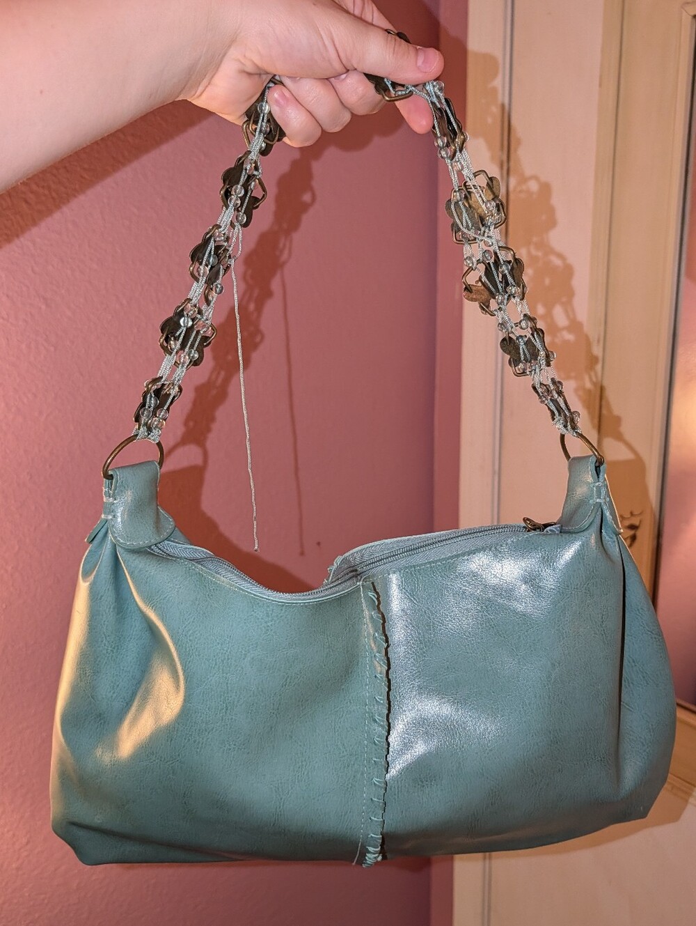 Y2K Teal Shoulder Bag with Butterfly Chain-Link Strap